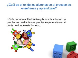 ¿Cuál es el rol de los alumnos en el proceso de
          enseñanza y aprendizaje?


• Opta por una actitud activa y busca la solución de
problemas mediante sus propias experiencias en el
contexto donde esta inmerso.
 