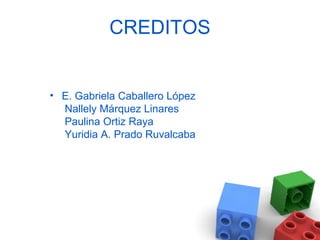 CREDITOS


• E. Gabriela Caballero López
  Nallely Márquez Linares
  Paulina Ortiz Raya
  Yuridia A. Prado Ruvalcaba
 