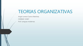TEORIAS ORGANIZATIVAS
Angie Lorena Cuervo Martinez
CODIGO: 52467
Prof. Lenguas modernas
 