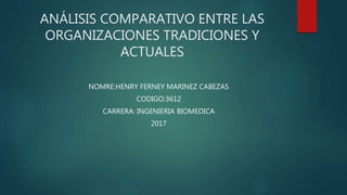 ANÁLISIS COMPARATIVO ENTRE LAS
ORGANIZACIONES TRADICIONES Y
ACTUALES
NOMRE:HENRY FERNEY MARINEZ CABEZAS
CODIGO:3612
CARRERA: INGENIERIA BIOMEDICA
2017
 