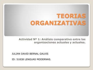 TEORIAS
ORGANIZATIVAS
Actividad Nº 1: Análisis comparativo entre las
organizaciones actuales y actuales.
JULIAN DAVID BERNAL GALVIS
ID: 51838 LENGUAS MODERNAS.
 
