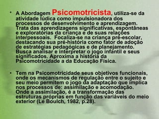A Abordagem  Psicomotricista , utiliza-se da atividade lúdica como impulsionadora dos processos de desenvolvimento e aprendizagem. Trata das aprendizagens significativas, espontâneas e exploratórias da criança e de suas relações interpessoais.  Focaliza-se na criança pré-escolar, destacando sua pré-história como fator de adoção de estratégias pedagógicas e de planejamento. Busca analisar e interpretar o jogo infantil e seus significados. Aproxima a história da Psicomotricidade a da Educação Física.  Tem na Psicomotricidade seus objetivos funcionais, onde os mecanismos de regulação entre o sujeito e seu meio permitem o jogo da adaptação que implica nos processos de: assimilação e acomodação.  Onde a assimilação, é a transformação das estruturas próprias em função das variáveis do meio exterior (Le Boulch, 1982, p.28).  