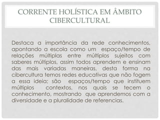 CORRENTE HOLÍSTICA EM ÂMBITO
CIBERCULTURAL
Destaca a importância da rede conhecimentos,
apontando a escola como um espaço/tempo de
relações múltiplas entre múltiplos sujeitos com
saberes múltiplos, assim todos aprendem e ensinam
das mais variadas maneiras, desta forma na
cibercultura temos redes educativas que não fogem
a essa ideia; são espaços/tempo que instituem
múltiplos contextos, nos quais se tecem o
conhecimento, mostrando que aprendemos com a
diversidade e a pluralidade de referencias.
 