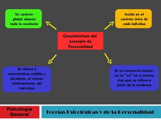 Psicología General Teorías Psicológicas y de la Personalidad Características del  concepto de Personalidad Su  carácter global : abarca toda la conducta Se refiere  a características estables y duraderas , al menos relativamente, del individuo Incide en el  carácter único de cada individuo Es un  constructo teórico : no se "ve" en sí misma sino que se infiere a partir de la conducta 