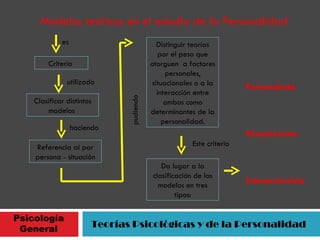 Psicología General Teorías Psicológicas y de la Personalidad Modelos teóricos en el estudio de la Personalidad es Criterio  utilizado Clasificar distintos modelos  haciendo Referencia al par persona - situación pudiendo Distinguir teorías por el peso que otorguen  a factores personales, situacionales o a la interacción entre ambos como determinantes de la personalidad. Este criterio Da lugar a la clasificación de los modelos en tres tipos: Personalista  Situacionista  Interaccionista 