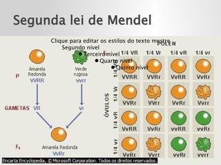 Segunda lei de Mendel
     Clique para editar os estilos do texto mestre
         Segundo nível
               ● Terceiro nível
                     ● Quarto nível
                            ● Quinto nível
 