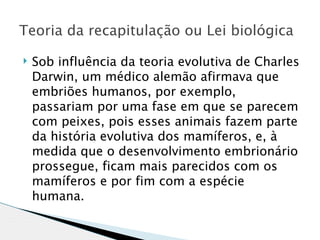 Teoria da recapitulação ou Lei biológica

   Sob influência da teoria evolutiva de Charles
    Darwin, um médico alemão afirmava que
    embriões humanos, por exemplo,
    passariam por uma fase em que se parecem
    com peixes, pois esses animais fazem parte
    da história evolutiva dos mamíferos, e, à
    medida que o desenvolvimento embrionário
    prossegue, ficam mais parecidos com os
    mamíferos e por fim com a espécie
    humana.
 
