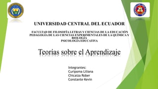 UNIVERSIDAD CENTRAL DEL ECUADOR
FACULTAD DE FILOSOFÍA LETRAS Y CIENCIAS DE LA EDUCACIÓN
PEDAGOGÍA DE LAS CIENCIAS EXPERIMENTALES DE LA QUÍMICA Y
BIOLOGÍA
PSICOLOGÍA EDUCATIVA
Teorías sobre el Aprendizaje
Integrantes:
Curipoma Liliana
Chicaiza Rober
Constante Kevin
 