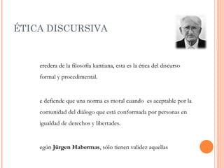 ÉTICA DISCURSIVA Heredera de la filosofía kantiana, esta es la ética del discurso formal y procedimental. Se defiende que una norma es moral cuando  es aceptable por la comunidad del diálogo que está conformada por personas en igualdad de derechos y libertades. Según  Jürgen Habermas , sólo tienen validez aquellas normas aceptadas en una situación ideal de diálogo.  Esta situación se da si se cumplen una serie de requisitos. 