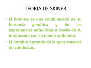 TEORIA DE SKINER
• El hombre es una combinación de su
  herencia     genética   y    de    las
  experiencias adquiridas a través de su
  interacción con su medio ambiente.
• El hombre aprende de la gran mayoría
  de conductas.
 