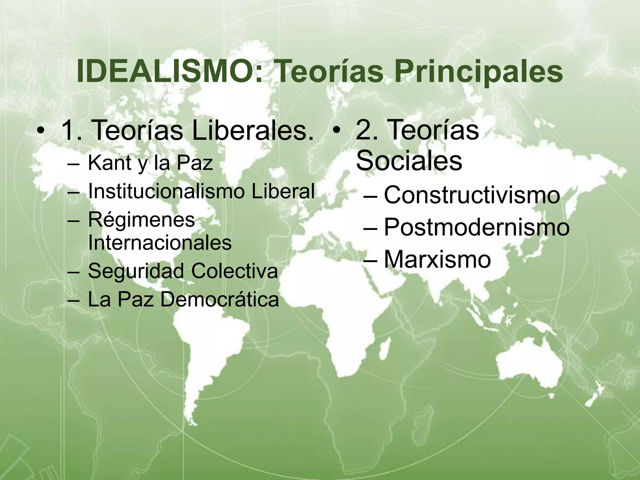 IDEALISMO: Teorías Principales 
• 1. Teorías Liberales. 
– Kant y la Paz 
– Institucionalismo Liberal 
– Régimenes 
Internacionales 
– Seguridad Colectiva 
– La Paz Democrática 
• 2. Teorías 
Sociales 
– Constructivismo 
– Postmodernismo 
– Marxismo 
 
