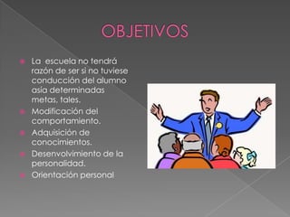  La escuela no tendrá
razón de ser si no tuviese
conducción del alumno
asía determinadas
metas, tales.
 Modificación del
comportamiento.
 Adquisición de
conocimientos.
 Desenvolvimiento de la
personalidad.
 Orientación personal
 