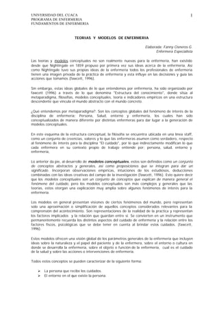 UNIVERSIDAD DEL CUACA
PROGRAMA DE ENFERMERIA
FUNDAMENTOS DE ENFERMERIA
1
TEORIAS Y MODELOS DE ENFERMERIA
Elaborada: Fanny ...