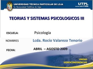 ESCUELA : Psicología   NOMBRES FECHA : Lcda. Rocío Valarezo Tenorio ABRIL  – AGOSTO 2009 TEORIAS Y SISTEMAS PSICOLOGICOS III  