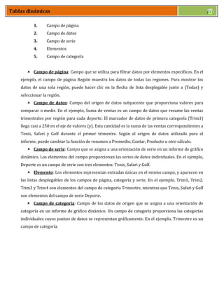 Tablas dinámicas
1. Campo de página
2. Campo de datos
3. Campo de serie
4. Elementos
5. Campo de categoría
 Campo de página: Campo que se utiliza para filtrar datos por elementos específicos. En el
ejemplo, el campo de página Región muestra los datos de todas las regiones. Para mostrar los
datos de una sola región, puede hacer clic en la flecha de lista desplegable junto a (Todas) y
seleccionar la región.
 Campo de datos: Campo del origen de datos subyacente que proporciona valores para
comparar o medir. En el ejemplo, Suma de ventas es un campo de datos que resume las ventas
trimestrales por región para cada deporte. El marcador de datos de primera categoría (Trim1)
llega casi a 250 en el eje de valores (y). Esta cantidad es la suma de las ventas correspondientes a
Tenis, Safari y Golf durante el primer trimestre. Según el origen de datos utilizado para el
informe, puede cambiar la función de resumen a Promedio, Contar, Producto u otro cálculo.
 Campo de serie: Campo que se asigna a una orientación de serie en un informe de gráfico
dinámico. Los elementos del campo proporcionan las series de datos individuales. En el ejemplo,
Deporte es un campo de serie con tres elementos: Tenis, Safari y Golf.
 Elemento: Los elementos representan entradas únicas en el mismo campo, y aparecen en
las listas desplegables de los campos de página, categoría y serie. En el ejemplo, Trim1, Trim2,
Trim3 y Trim4 son elementos del campo de categoría Trimestre, mientras que Tenis, Safari y Golf
son elementos del campo de serie Deporte.
 Campo de categoría: Campo de los datos de origen que se asigna a una orientación de
categoría en un informe de gráfico dinámico. Un campo de categoría proporciona las categorías
individuales cuyos puntos de datos se representan gráficamente. En el ejemplo, Trimestre es un
campo de categoría.
 