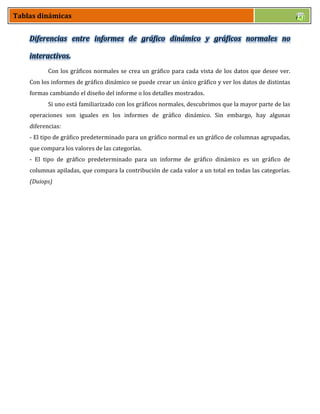 Tablas dinámicas
Diferencias entre informes de gráfico dinámico y gráficos normales no
interactivos.
Con los gráficos normales se crea un gráfico para cada vista de los datos que desee ver.
Con los informes de gráfico dinámico se puede crear un único gráfico y ver los datos de distintas
formas cambiando el diseño del informe o los detalles mostrados.
Si uno está familiarizado con los gráficos normales, descubrimos que la mayor parte de las
operaciones son iguales en los informes de gráfico dinámico. Sin embargo, hay algunas
diferencias:
- El tipo de gráfico predeterminado para un gráfico normal es un gráfico de columnas agrupadas,
que compara los valores de las categorías.
- El tipo de gráfico predeterminado para un informe de gráfico dinámico es un gráfico de
columnas apiladas, que compara la contribución de cada valor a un total en todas las categorías.
(Duiops)
 