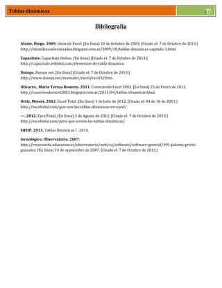 Tablas dinámicas
Bibliografía
Alzate, Diego. 2009. Ideas de Excel. [En línea] 20 de Octubre de 2009. [Citado el: 7 de Octubre de 2013.]
http://ideasdeexcelavanzadas.blogspot.com.ar/2009/10/tablas-dinamicas-capitulo-1.html.
Capacitate. Capacitate Online. [En línea] [Citado el: 7 de Octubre de 2013.]
http://capacitate.wikidot.com/elementos-de-tabla-dinamica.
Duiops. Duiops net. [En línea] [Citado el: 7 de Octubre de 2013.]
http://www.duiops.net/manuales/excel/excel32.htm .
Olivares., María Teresa Romero. 2011. Conociendo Excel 2003. [En línea] 25 de Enero de 2011.
http://conociendoexcel2003.blogspot.com.ar/2011/04/tablas-dinamicas.html.
Ortíz, Moisés. 2012. Excel Total. [En línea] 1 de Julio de 2012. [Citado el: 04 de 10 de 2013.]
http://exceltotal.com/que-son-las-tablas-dinamicas-en-excel/.
—. 2012. ExcelTotal. [En línea] 3 de Agosto de 2012. [Citado el: 7 de Octubre de 2013.]
http://exceltotal.com/para-que-sirven-las-tablas-dinamicas/.
SIFIIP. 2013. Tablas Dinamicas I . 2013.
tecnológico, Observatorio. 2007.
http://recursostic.educacion.es/observatorio/web/ca/software/software-general/495-paloma-prieto-
gonzalez. [En línea] 14 de septiembre de 2007. [Citado el: 7 de Octubre de 2013.]
 