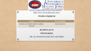 BML 3092 ANALISIS WACANA
TEORI ATQAKUM
KUMPULAN D
PENSYARAH
DR. HJ. MOHD RASHID BIN MD IDRIS
NAMA NO. MATRIK
NURUL SYAHIDA BINTI ABDUL
GHANI
D20131063314
 