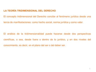 1
LA TEORÍA TRIDIMENSIONAL DEL DERECHO
El concepto tridimensional del Derecho concibe al fenómeno jurídico desde una
tercia de manifestaciones: como hecho social, norma jurídica y como valor.
El análisis de la tridimensionalidad puede hacerse desde dos perspectivas
científicas, o sea, desde fuera o dentro de lo jurídico, y en dos niveles del
conocimiento, es decir, en el plano del ser o del deber ser.
 