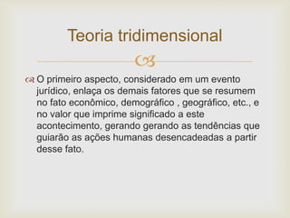 Teoria tridimensional


 O primeiro aspecto, considerado em um evento
jurídico, enlaça os demais fatores que se resumem
no fato econômico, demográfico , geográfico, etc., e
no valor que imprime significado a este
acontecimento, gerando gerando as tendências que
guiarão as ações humanas desencadeadas a partir
desse fato.

 