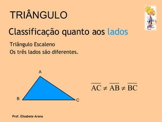TRIÂNGULO Triângulo Escaleno Os três lados são diferentes. Classificação quanto aos  lados Prof. Elisabete Arana A B C 