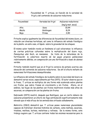 Cuadro 1.          Fecundidad de T. urticae, en función de la variedad de
                    frijol y del contenido de azúcares reductores.


     Fecundidad               Variedad de frijol      Azúcares reductores
                                                        (mg/g mat. seca)
      Alta                       Saxa                       10,44
      Media                      Goldregen                   8,24
      Baja                       Prinsa                      3,90

Fritzche explica igualmente las diferencias de fecundidad del mismo ácaro, en
relación con diversas hortalizas, así como la influencia del estado fisiológico
de la planta -en este caso, el lúpulo- sobre la gravedad de los ataques.

El mismo autor también revela un fenómeno al cual volveremos: la influencia
de ciertas prácticas culturales sobre la multiplicación del ácaro rojo,
Panonychus ulmi Koch, en manzanos. Se trata de la naturaleza de la
fertilización: la cobertura muerta de las pajas propicia poblaciones
relativamente débiles, en comparación con una fertilización a base de abonos
verdes.

Fritzche también mostró que en el frijol la carencia de potasio acarrea una
elevación del contenido de azúcares reductores. De ahí el efecto nefasto de
numerosas fertilizaciones desequilibradas.

La influencia del estado fisiológico de la planta sobre la nocividad del ácaro se
demostró varias veces, especialmente por Poe (1971). El autor observa que en
la fresa, T. urticae se multiplica de una forma más acelerada sobre plantas
con frutos, que sobre fresas en crecimiento y sin frutos. Ahora, en el
análisis, las hojas de las plantas con frutos mostraron niveles más altos de
sacarosa, en comparación con las plantas sin frutos.

Dabrowski (1973) mostró, después que Rodríguez, que un cierto número de
azúcares presentaron un efecto de fago-estimulación significativamente más
elevado que el más eficaz de los aminoácidos utilizado aisladamente.

Mehrotra (1963) demostró que T. urticae posee numerosas glucosidades
capaces de hidrolizar diversos hidratos de carbono, como maltosa, sacarosa,
trealosa, melilosa, lactosa, melisitosa y rafinosa. De la misma forma, este
trabajo sugiere que T. urticae contiene todas las enzimas necesarias para la
 
