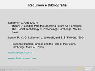 Recursos e Bibliografia
Scharmer, C. Otto (2007).
Theory U: Leading from the Emerging Future As It Emerges.
The Social Technology of Presencing), Cambridge, MA: SoL
Press.
Senge, P., C. O. Scharmer, J. Jaworski, and B. S. Flowers. (2004).
Presence: Human Purpose and the Field of the Future,
Cambridge, MA: SoL Press.
www.presencing.com
www.ottoscharmer.com
 