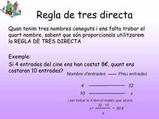 Regla de tres directa
Quan tenim tres nombres coneguts i ens falta trobar el
quart nombre, sabent que són proporcionals utilitzarem
la REGLA DE TRES DIRECTA
Exemple:
Si 4 entrades del cine ens han costat 8€, quant ens
costaran 10 entrades?

 