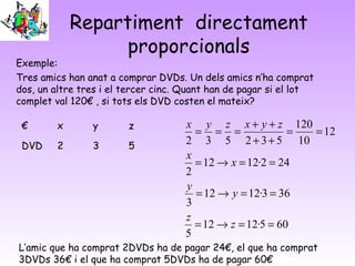 Repartiment directament
                   proporcionals
Exemple:
Tres amics han anat a comprar DVDs. Un dels amics n’ha comprat
dos, un altre tres i el tercer cinc. Quant han de pagar si el lot
complet val 120€ , si tots els DVD costen el mateix?

 €       x      y       z            x y z x + y + z 120
                                       = = =               = = 12
 DVD     2      3       5
                                     2 3 5 2 + 3 + 5 10
                                     x
                                       = 12 → x = 12·2 = 24
                                     2
                                     y
                                       = 12 → y = 12·3 = 36
                                     3
                                     z
                                       = 12 → z = 12·5 = 60
                                     5
L’amic que ha comprat 2DVDs ha de pagar 24€, el que ha comprat
3DVDs 36€ i el que ha comprat 5DVDs ha de pagar 60€
 