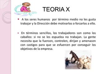TEORIA XA los seres humanos  por término medio no les gusta trabajar y la Dirección debe motivarlos o forzarlos a ello.En términos sencillos, los trabajadores son como los caballos: si no se les espuelea no trabajan. La gente necesita que la fuercen, controlen, dirijan y amenacen con castigos para que se esfuercen por conseguir los objetivos de la empresa.
