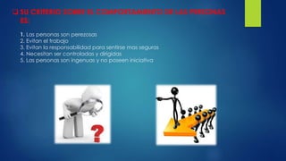  SU CRITERIO SOBRE EL COMPORTAMIENTO DE LAS PERSONAS 
ES: 
1. Las personas son perezosas 
2. Evitan el trabajo 
3. Evitan la responsabilidad para sentirse mas seguras 
4. Necesitan ser controladas y dirigidas 
5. Las personas son ingenuas y no poseen iniciativa 
 