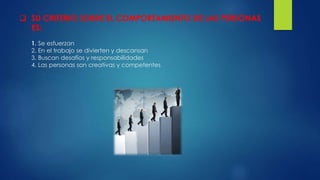  SU CRITERIO SOBRE EL COMPORTAMIENTO DE LAS PERSONAS 
ES: 
1. Se esfuerzan 
2. En el trabajo se divierten y descansan 
3. Buscan desafíos y responsabilidades 
4. Las personas son creativas y competentes 
 