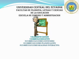 UNIVERSIDAD CENTRAL DEL ECUADOR
FACULTAD DE FILOSOFIA, LETRAS y CIENCIAS
DE LA EDUCACION
ESCUELA DE COMERIO Y ADMNISTRACION
ELIZABETH CAICEDO
CURRÍCULO educativo
CURRÍCULO COMO CONTENIDO
CURRÍCULO COMO PLANIFICACIÓN
CURRÍCULO COMO REALIDAD INTERACTIVA
 