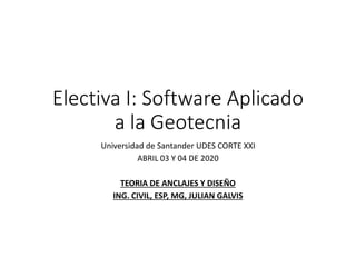 Electiva I: Software Aplicado
a la Geotecnia
Universidad de Santander UDES CORTE XXI
ABRIL 03 Y 04 DE 2020
TEORIA DE ANCLAJES Y DISEÑO
ING. CIVIL, ESP, MG, JULIAN GALVIS
 