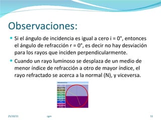 Observaciones: Si el ángulo de incidencia es igual a cero i = 0°, entonces el ángulo de refracción r = 0°, es decir no hay desviación para los rayos que inciden perpendicularmente. Cuando un rayo luminoso se desplaza de un medio de menor índice de refracción a otro de mayor índice, el rayo refractado se acerca a la normal (N), y viceversa. 25/10/11 cgm 
