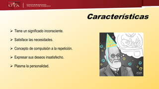 Características
 Tiene un significado inconsciente.
 Satisface las necesidades.
 Concepto de compulsión a la repetición.
 Expresar sus deseos insatisfecho.
 Plasma la personalidad.
 