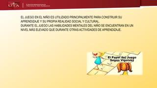 EL JUEGO EN EL NIÑO ES UTILIZADO PRINCIPALMENTE PARA CONSTRUIR SU
APRENDIZAJE Y SU PROPIA REALIDAD SOCIAL Y CULTURAL.
DURANTE EL JUEGO LAS HABILIDADES MENTALES DEL NIÑO SE ENCUENTRAN EN UN
NIVEL MÁS ELEVADO QUE DURANTE OTRAS ACTIVIDADES DE APRENDIZAJE.
 