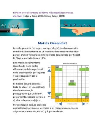tienden a ver el contexto de fórma más negativason menos
efectivos (Judge y Bono, 2000; Bono y Judge, 2004).
Matriz Gerencial
La malla gerencial (en inglés, managerial grid), también conocida
como red administrativa, es un modelo administrativo empleado
para el análisis y descripción del liderazgo desarrollado por Robert
R. Blake y Jane Mouton en 1964.
Este modelo originalmente
identificado cinco estilos
diferentes de liderazgo basado
en la preocupación por la gente
y la preocupación por la
producción.
El modelo del grid gerencial
trata de situar, en una rejilla de
dos dimensiones, la
preocupación que un líder o
gestor siente, hacia la tarea (eje
x) y hacia la persona (eje y).
Para conseguir esto, se presenta
una batería de preguntas, y en base a las respuestas ofrecidas se
asigna una puntuación, entre 1 y 9, para cada eje.
 
