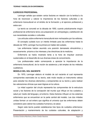 TEORIAS Y MODELOS EN ENFERMERIA

EJERCICIO PROFESIONAL
Leininger señala que existen varios factores en relación con la lentitud a la
hora de reconocer y valorar la importancia de los factores culturales y de
enfermería transcultural en el ámbito de la formación y el ejercicio profesional y
estos son:
La teoría se concretó en la década de 1950, cuando prácticamente ningún
profesional de enfermería tenía una preparación en antropología y satisfacción de
sus necesidades sociales o culturales.
Los artículos sobre enfermería transcultural eran rechazados por los editores.
El concepto cuidado tuvo un interés limitado para las enfermeras hasta la
década de 1970, Leininger fue la primera en hablar del cuidado.
Las enfermeras habían asumido una posición demasiado etnocéntrica y
excesivamente próxima a los intereses y las directrices de la medicina.
Enfermería se había mostrado lenta a la hora de impulsar avances
sustanciales en el desarrollo de sus diversas áreas de conocimiento.
Los profesionales están comenzando a apreciar la importancia de la
enfermería transcultural, de la noción de asistencia y del empleo de los métodos
cualitativos.
MODELO DEL SOL NACIENTE
En 1970, Leininger elaboro el modelo de sol naciente el cual representa
componentes esenciales de su teoría, este modo resulta un instrumento valioso
para estudiar los diversos elementos y componentes se su teoría y para realizar
las valoraciones clínicas que sean lógicas en la cultura.
La mitad superior del círculo representa los componentes de la estructura
social y los factores de la concepción del mundo que influye en los cuidados y
salud por medio del lenguaje y el entorno. Estos factores influyen en los sistemas
enfermeros que se encuentran en la parte central del modelo. Las dos mitades
unidas forman un sol entero que significa el universo que las enfermeras deben
considerar para valorar los cuidados humanos y la salud.
Según esta teoría pueden establecerse tres tipos de cuidados enfermeros:
Presentación y mantenimiento de los cuidados culturales; de adaptación y
Carolina Córdova Martínez y Pedro Cóndor Bautista

Página 29

 