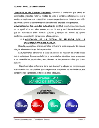 TEORIAS Y MODELOS EN ENFERMERIA

Diversidad de los cuidados culturales: Variación o diferencia que existe en
significados, modelos, valores, modos de vida o símbolos relacionados con la
asistencia dentro de una colectividad o entre grupos humanos distintos, con el fin
de ayudar, apoyar o facilitar medidas asistenciales dirigidas a las personas.
Universalidad de los cuidados culturales: La similitud o uniformidad dominante
en los significados, modelos, valores, modos de vida y símbolos de los cuidados
que se manifiestan entre muchas culturas y reflejan los modos de apoyo,
asistencia, capacitación para ayudar a las personas.
2.5.3. APLICACIÓN

DE

LA

TEORIA

EN

RELACION

CON

LA

ENFERMERA-PACIENTE-FAMILIA.
Resulta esencial que el profesional de enfermería sepa responder de manera
integral a las necesidades de los pacientes.
Es fundamental para llevar a cabo un proceso de relación de ayuda eficaz,
que el profesional de enfermería tenga la capacidad de identificar y dar respuestas
a las necesidades espirituales y emocionales de las personas a las que presta
cuidado.
El profesional de enfermería tiene que descubrir y adquirir los conocimientos
acerca del mundo del paciente y así haga uso de sus puntos de vista internos, sus
conocimientos y prácticas, todo con la ética adecuada.

Carolina Córdova Martínez y Pedro Cóndor Bautista

Página 35

 