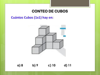 CONTEO DE CUBOS
a) 8 b) 9 c) 10 d) 11
Cuántos Cubos (1x1) hay en:
 