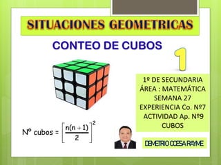 CONTEO DE CUBOS
1º DE SECUNDARIA
ÁREA : MATEMÁTICA
SEMANA 27
EXPERIENCIA Co. Nº7
ACTIVIDAD Ap. Nº9
CUBOS
DEMETRIO CCESA RAYME
2
2
)
1
n
(
n







 +
Nº cubos =
 