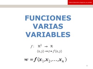 Cálculo diferencial e integral de una variable
1
FUNCIONES
VARIAS
VARIABLES
 
