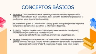 CONCEPTOS BÁSICOS
➢ Estadística: Disciplina científica que se encarga de la recolección, representación,
análisis e interp...