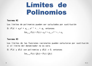 Límites de
Polinomios
24
Teorema #2
Los límites de polinomios pueden ser calculados por sustitución
Si P(x) = anxn + an–1 ...