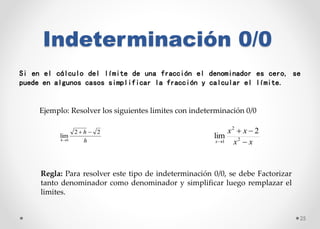 Indeterminación 0/0
25
Si en el cálculo del límite de una fracción el denominador es cero, se
puede en algunos casos simpl...