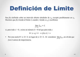 Definición de Límite
3
Sea f(x) definido sobre un intervalo abierto alrededor de x0, excepto posiblemente en x0.
Decimos q...