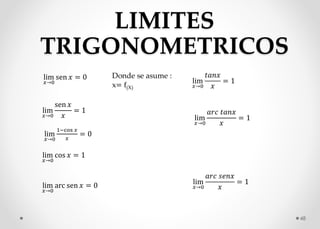 LIMITES
TRIGONOMETRICOS
48
lim
𝑥→0
sen 𝑥 = 0
lim
𝑥→0
sen 𝑥
𝑥
= 1
lim
𝑥→0
1−cos 𝑥
𝑥
= 0
lim
𝑥→0
cos 𝑥 = 1
lim
𝑥→0
arc sen 𝑥...