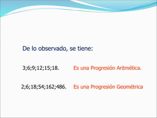 3;6;9;12;15;18.
De lo observado, se tiene:
Es una Progresión Aritmética.
2;6;18;54;162;486. Es una Progresión Geométrica
 