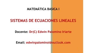 Agosto 2010
MATEMÁTICA BASICA I
-
SISTEMAS DE ECUACIONES LINEALES
Docente: Dr(C) Edwin Palomino Iriarte
Email: edwinpalominoi@outlook.com
1
 